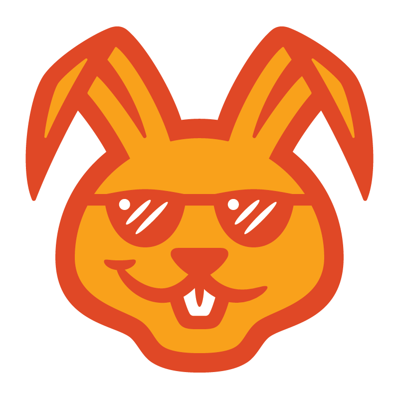 An illustrated orange bunny with sunglasses and a cool smirk on its face. 